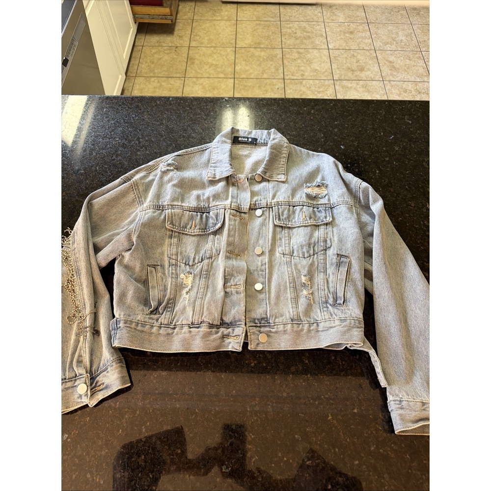 Blue B Collection Bling Denim Jacket Sz M Fringe Country Concert Core Distressed
